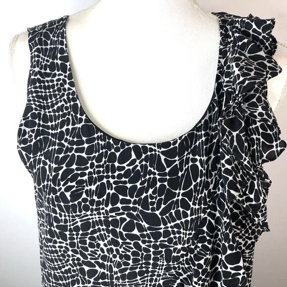 Kenneth Cole Womens Silk Dress Sz 8 Shift Black White Ruffle Sleeveless Modest - Picture 3 of 9